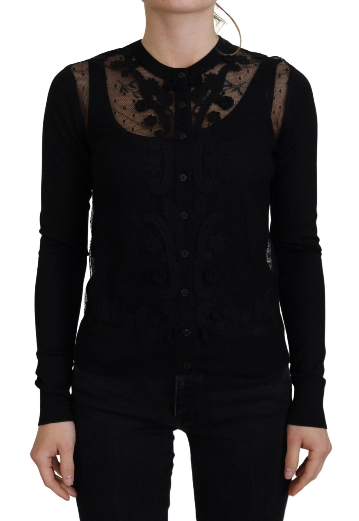 Dolce & Gabbana black floral lace button cardigan sweater with intricate lace details and front buttons.