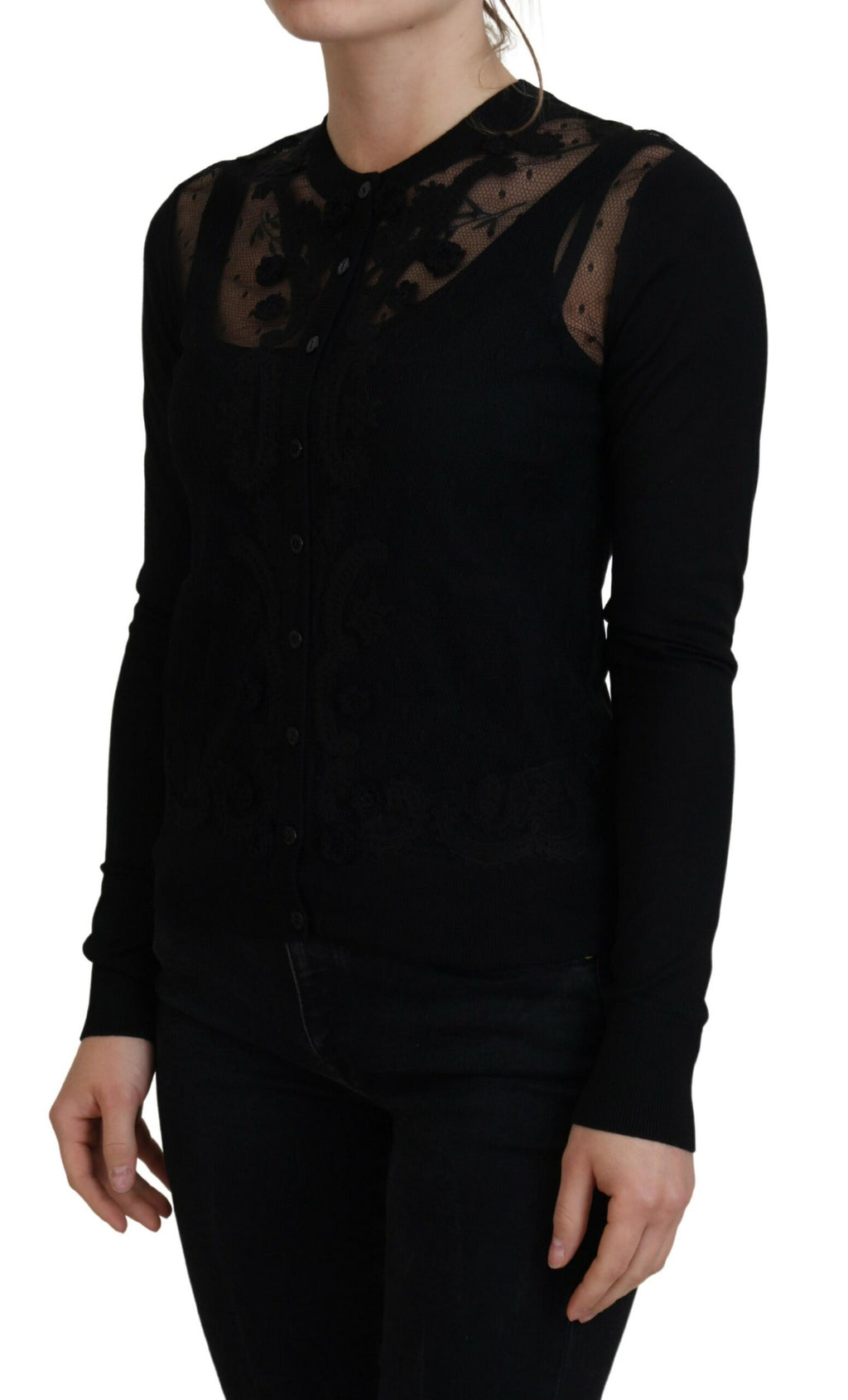 Dolce & Gabbana black floral lace button cardigan sweater with long sleeves and intricate floral lace pattern.