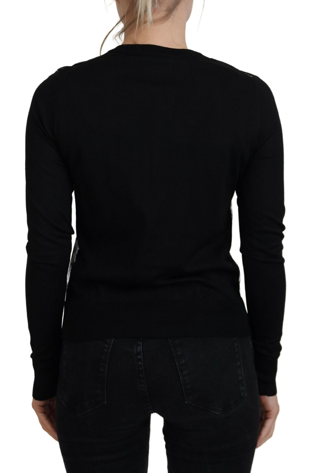 Dolce & Gabbana black floral lace button cardigan sweater with long sleeves and intricate lace detailing.