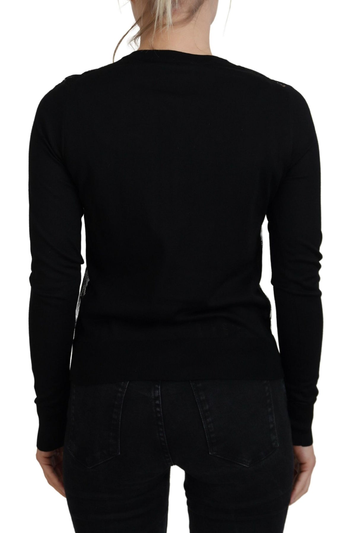 Dolce & Gabbana black floral lace button cardigan sweater with long sleeves and intricate lace detailing.