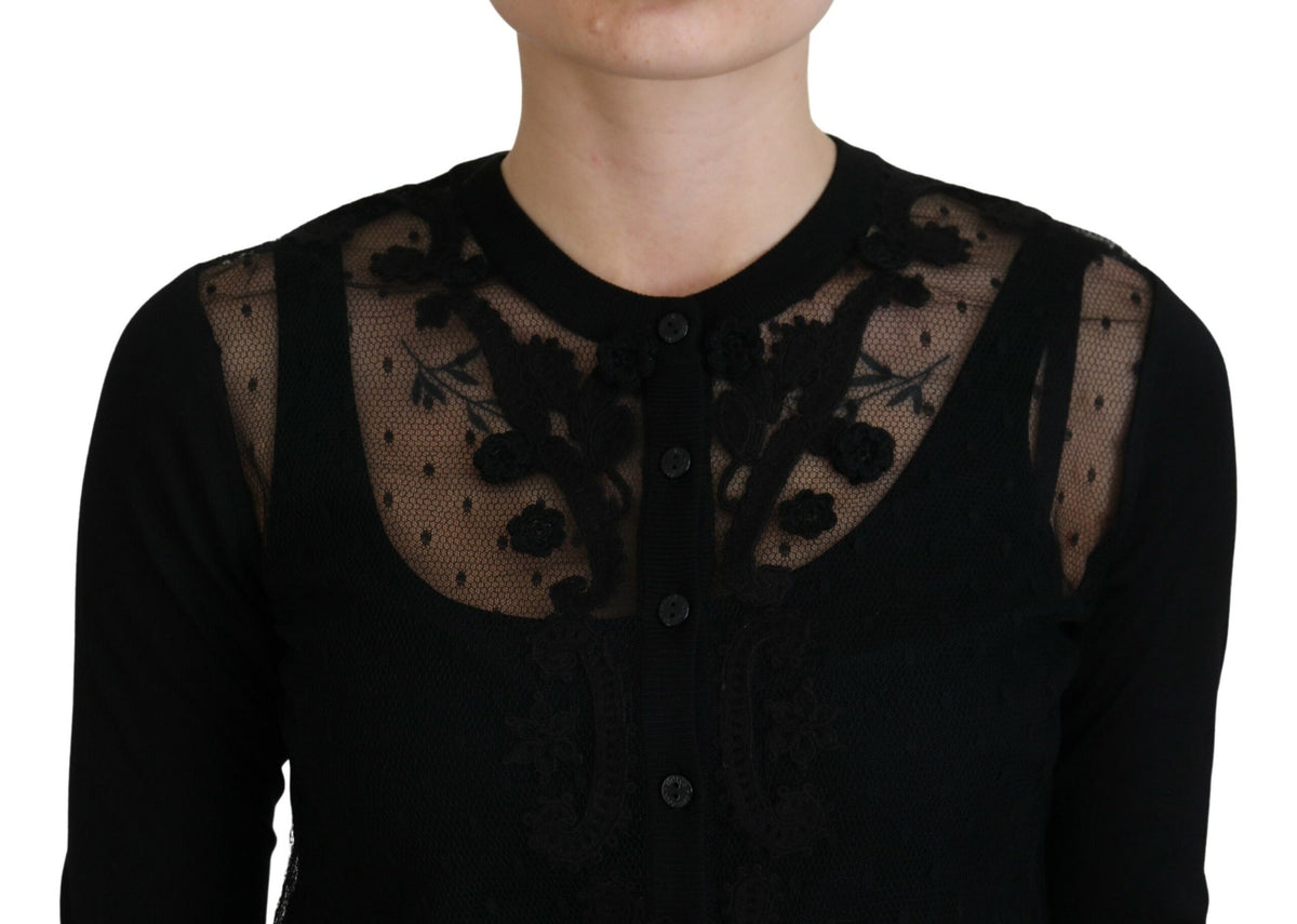 Dolce & Gabbana black floral lace button cardigan sweater with long sleeves and intricate floral lace design.