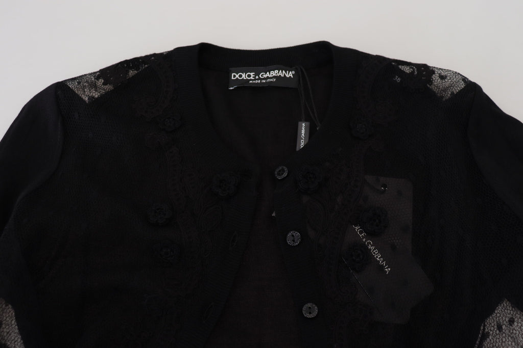 Dolce & Gabbana black floral lace button cardigan sweater with intricate lace pattern and classic button closure.