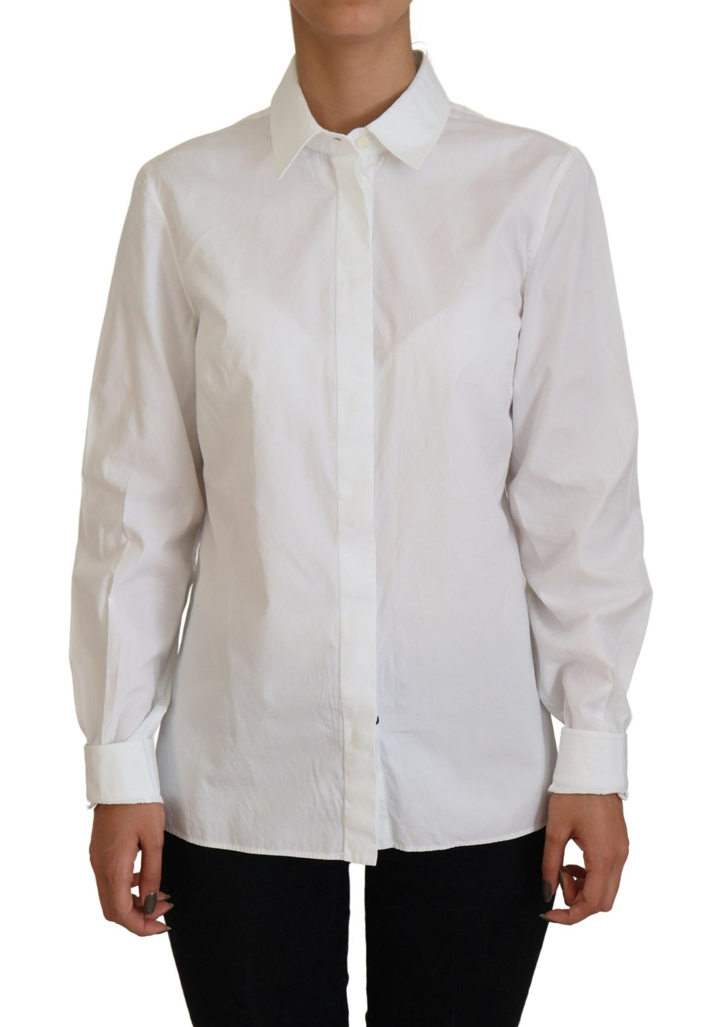 Dolce & Gabbana White Cotton Collared Long Sleeves Formal Top Dolce & Gabbana