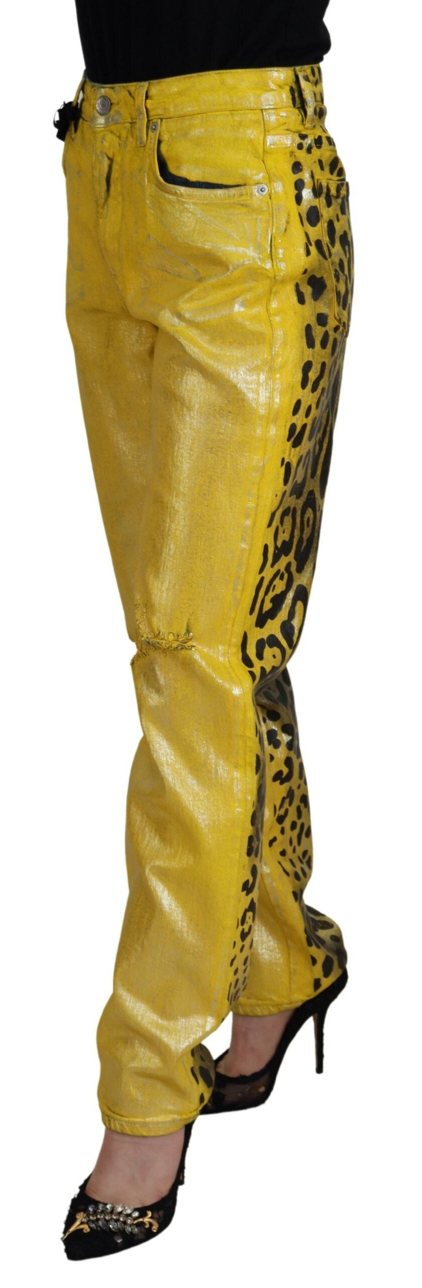 Dolce & Gabbana Yellow Leopard Cotton Straight Denim Jeans Dolce & Gabbana
