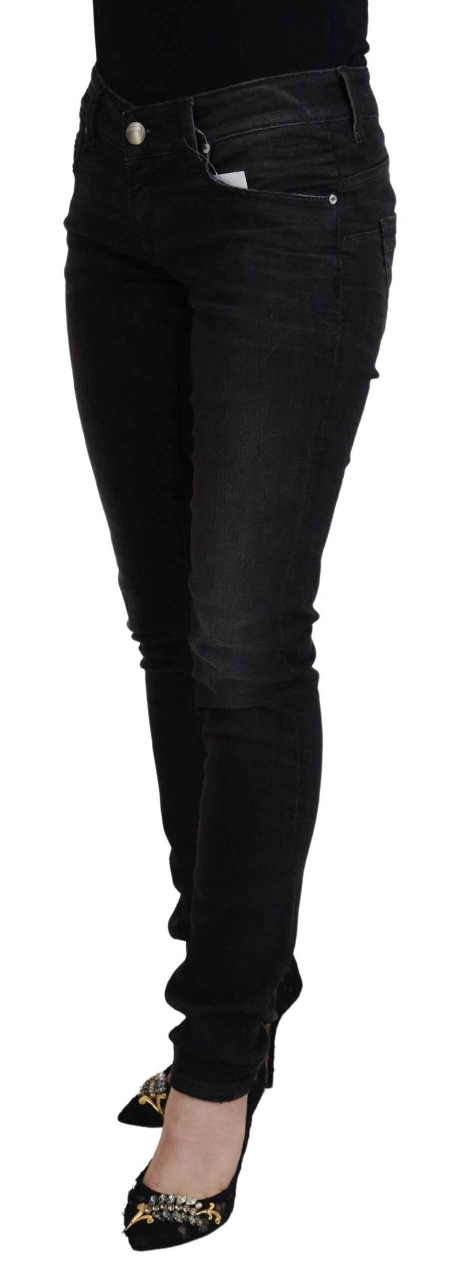 Acht Black Cotton Low Waist Slim Fit Women Casual Denim Jeans Acht
