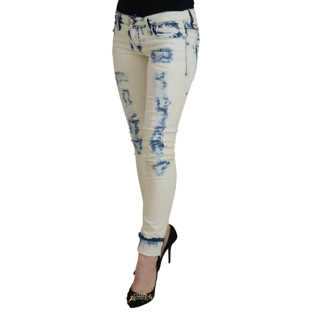 Acht White Blue Cotton Skinny Women Tattered Denim Jeans