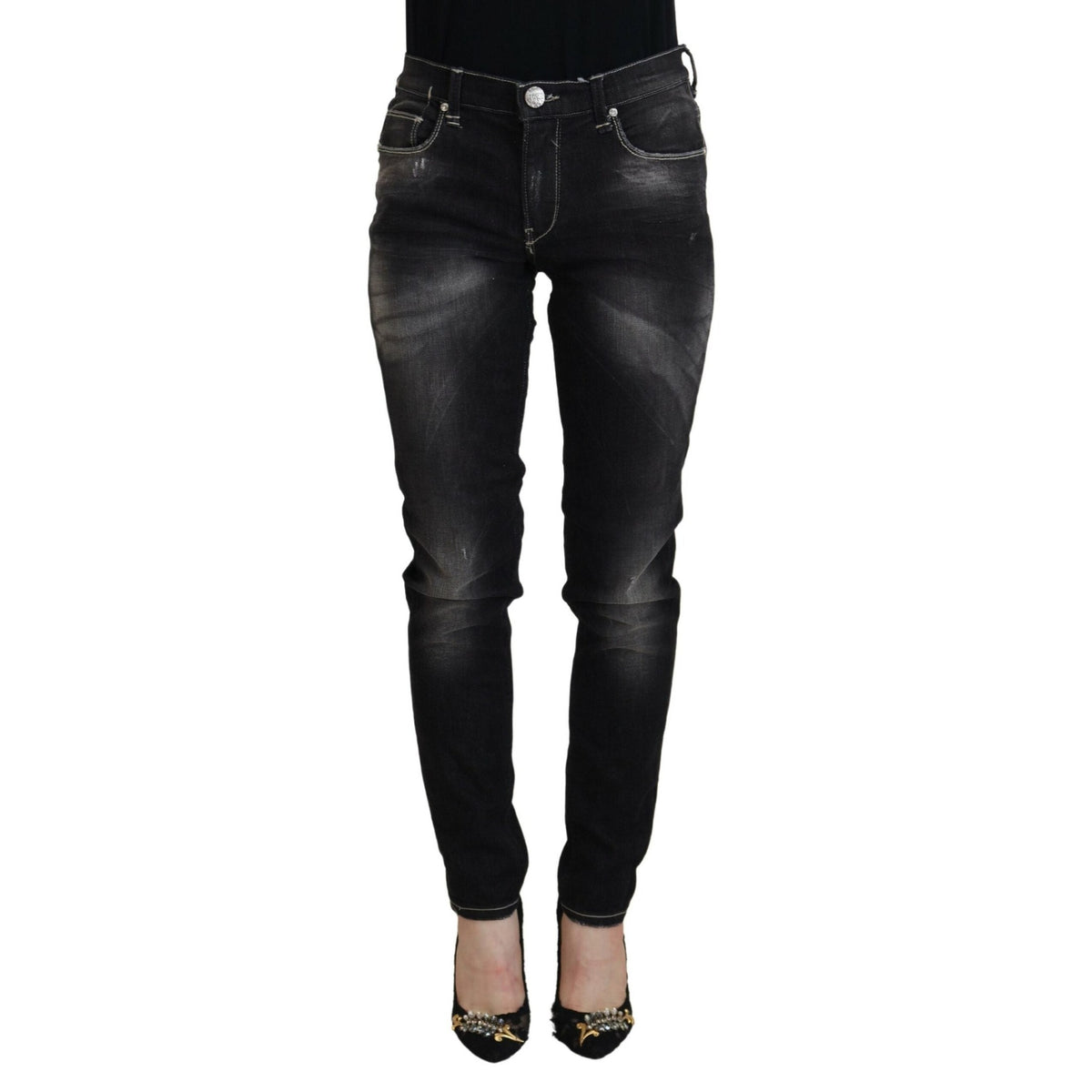 Acht Black Washed Mid Waist Tapered Women Casual Denim Jeans