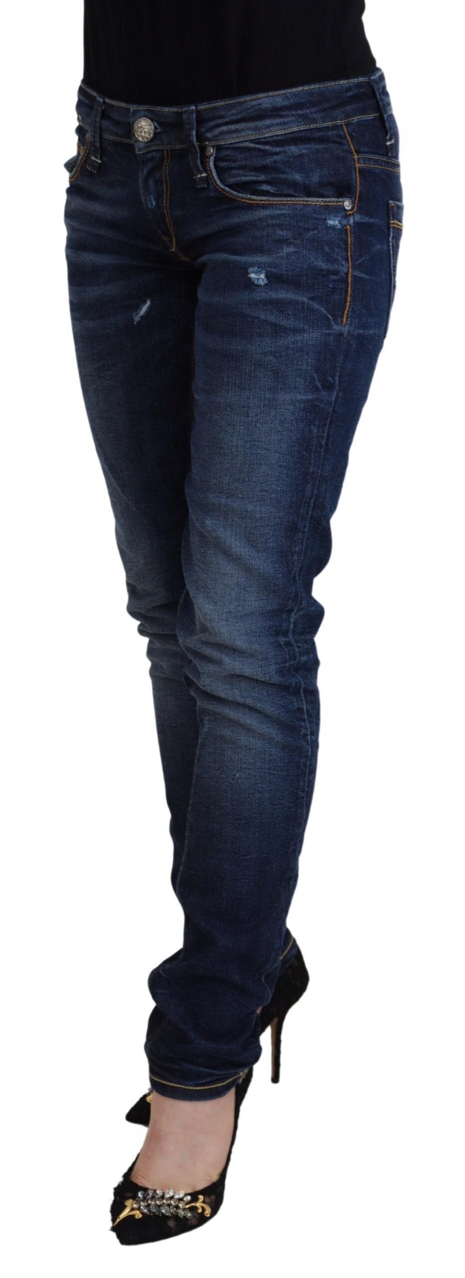 Acht Blue Washed Cotton Low Waist Women Casual Jeans Acht