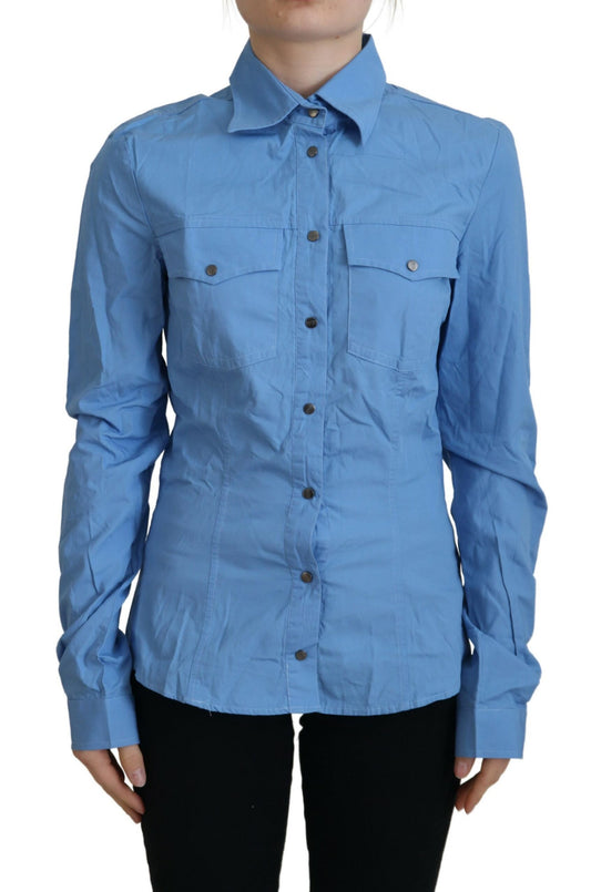 Ferre Blue Cotton Long Sleeves Collared Button Down Top Ferre