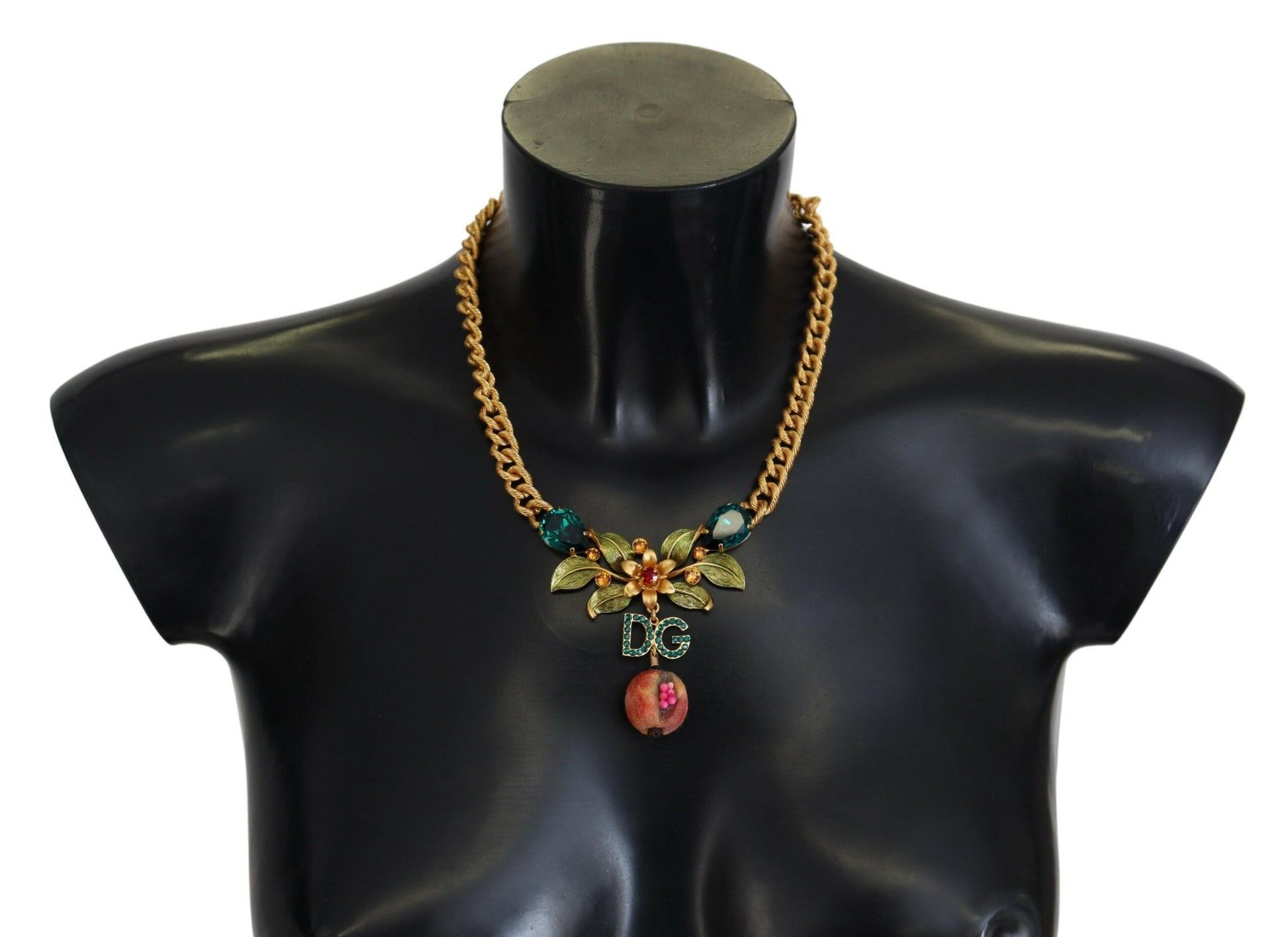 Dolce & Gabbana Gold Brass Crystal Logo Fruit Floral Statement Necklace Dolce & Gabbana