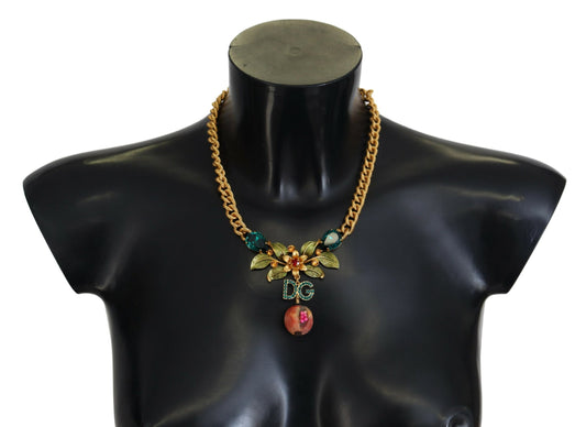 Dolce & Gabbana Gold Brass Crystal Logo Fruit Floral Statement Necklace Dolce & Gabbana