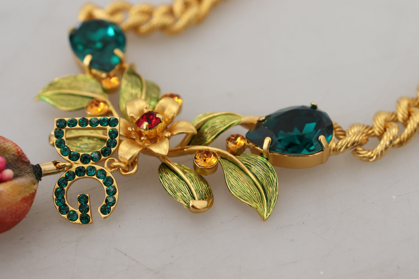 Dolce & Gabbana Gold Brass Crystal Logo Fruit Floral Statement Necklace Dolce & Gabbana