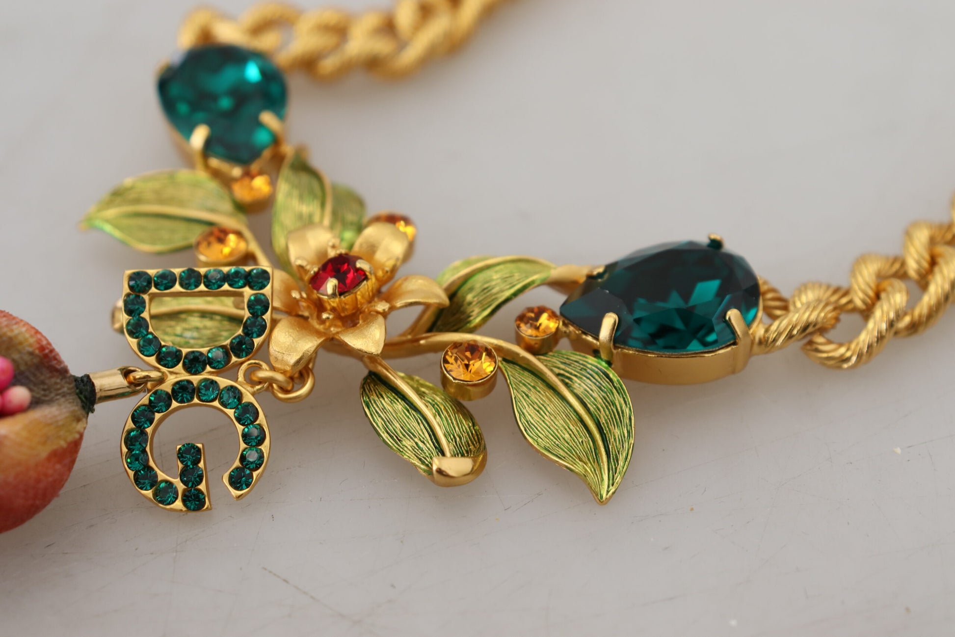 Dolce & Gabbana Gold Brass Crystal Logo Fruit Floral Statement Necklace Dolce & Gabbana