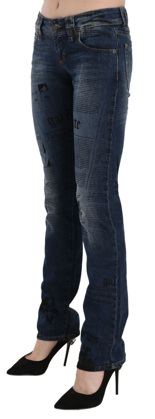 John Galliano Blue Newspaper Print Low Waist Skinny Denim Pants John Galliano