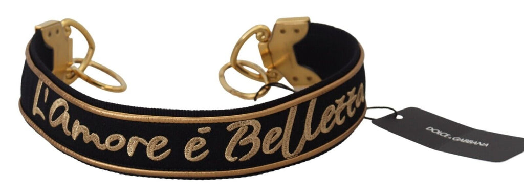 Dolce & Gabbana black and gold logo print brass bag shoulder strap with adjustable hardware.