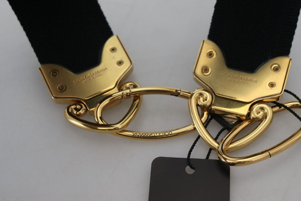 Dolce & Gabbana black and gold logo print brass bag shoulder strap with stylish design and adjustable length.
