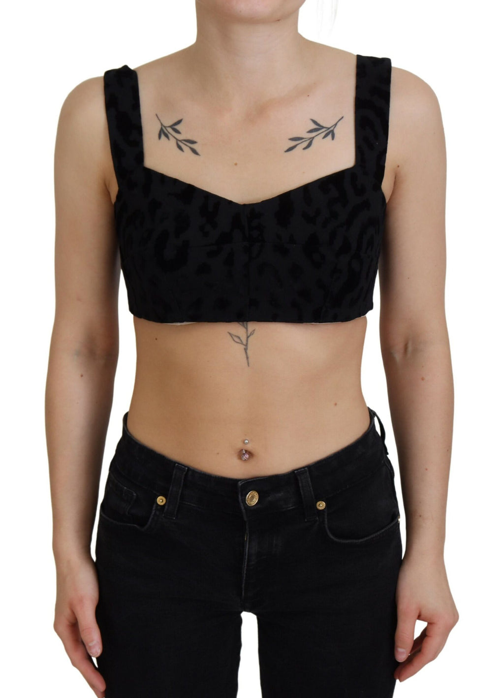 Dolce & Gabbana black leopard print cropped bustier corset bra top with structured design and adjustable straps.