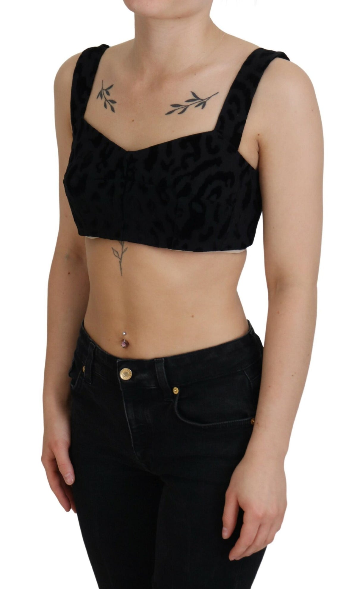 Dolce & Gabbana black leopard print cropped bustier corset bra top with structured design and adjustable straps.