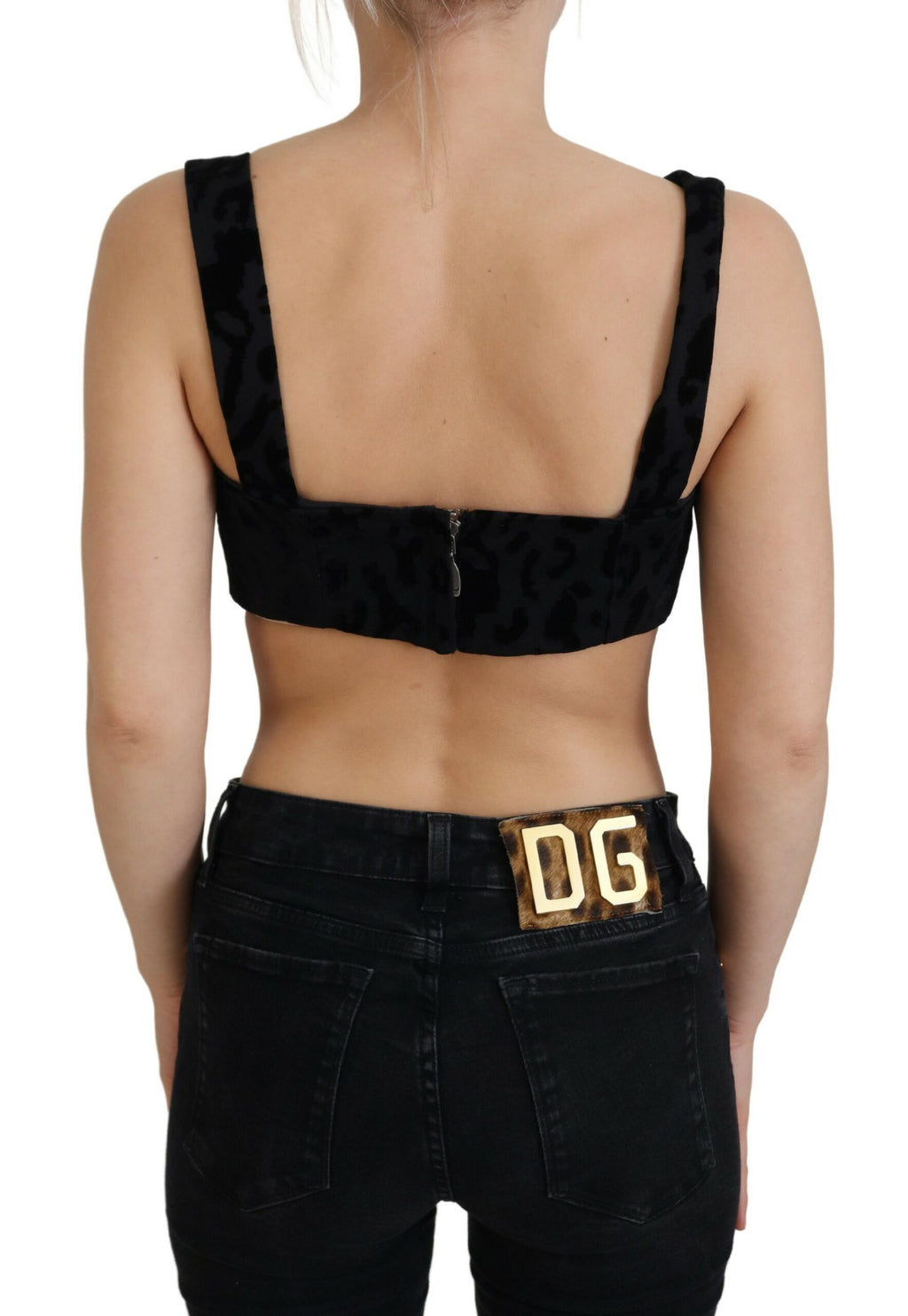 Dolce & Gabbana black leopard print cropped bustier corset bra top with structured design and adjustable straps.