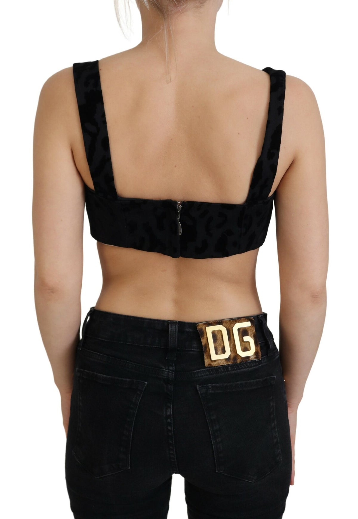 Dolce & Gabbana black leopard print cropped bustier corset bra top with structured design and adjustable straps.