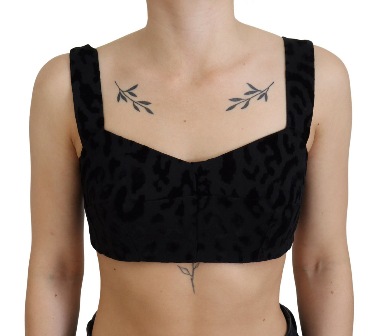 Dolce & Gabbana black leopard print cropped bustier corset bra top with structured fit and adjustable straps.