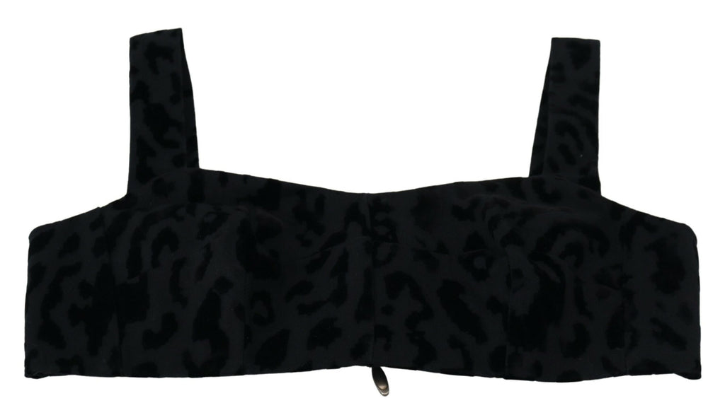 Dolce & Gabbana black leopard print cropped bustier corset bra top with structured design and adjustable straps.