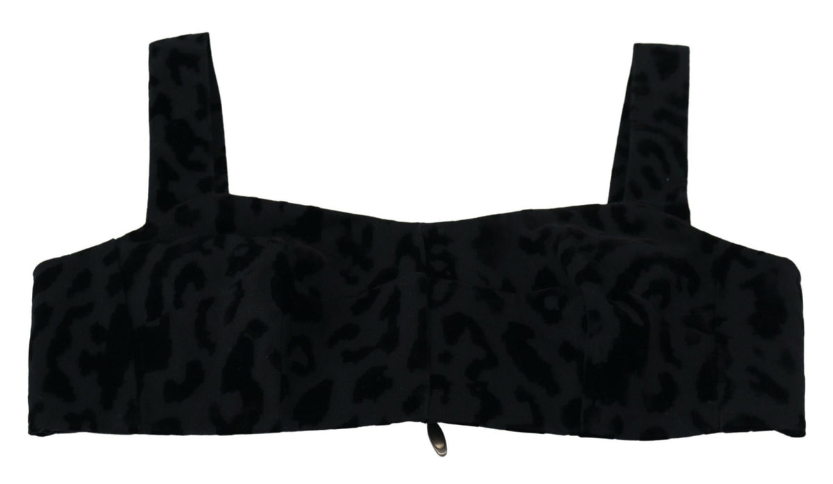 Dolce & Gabbana black leopard print cropped bustier corset bra top with structured design and adjustable straps.