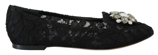 Dolce & Gabbana Black Taormina Lace Crystals Flats Shoes Dolce & Gabbana