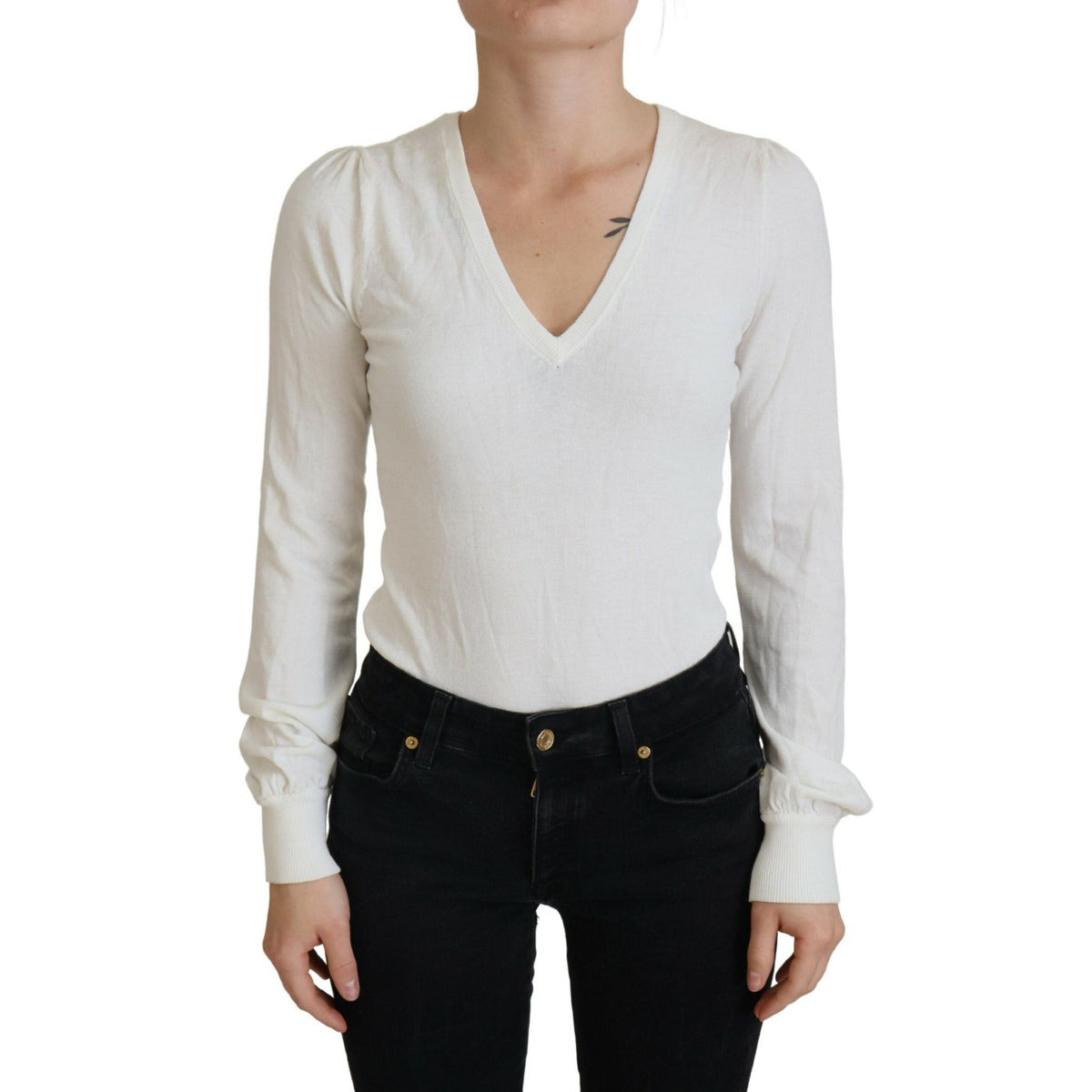 Patrizia Pepe Ivory V-Neck Long Sleeves Women Blouse Top