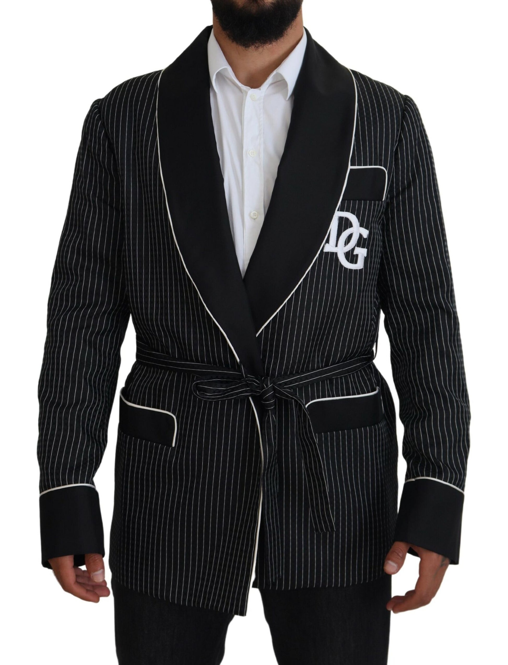 Dolce & Gabbana Black Robe Striped DG Patch Jacket Men Blazer Dolce & Gabbana