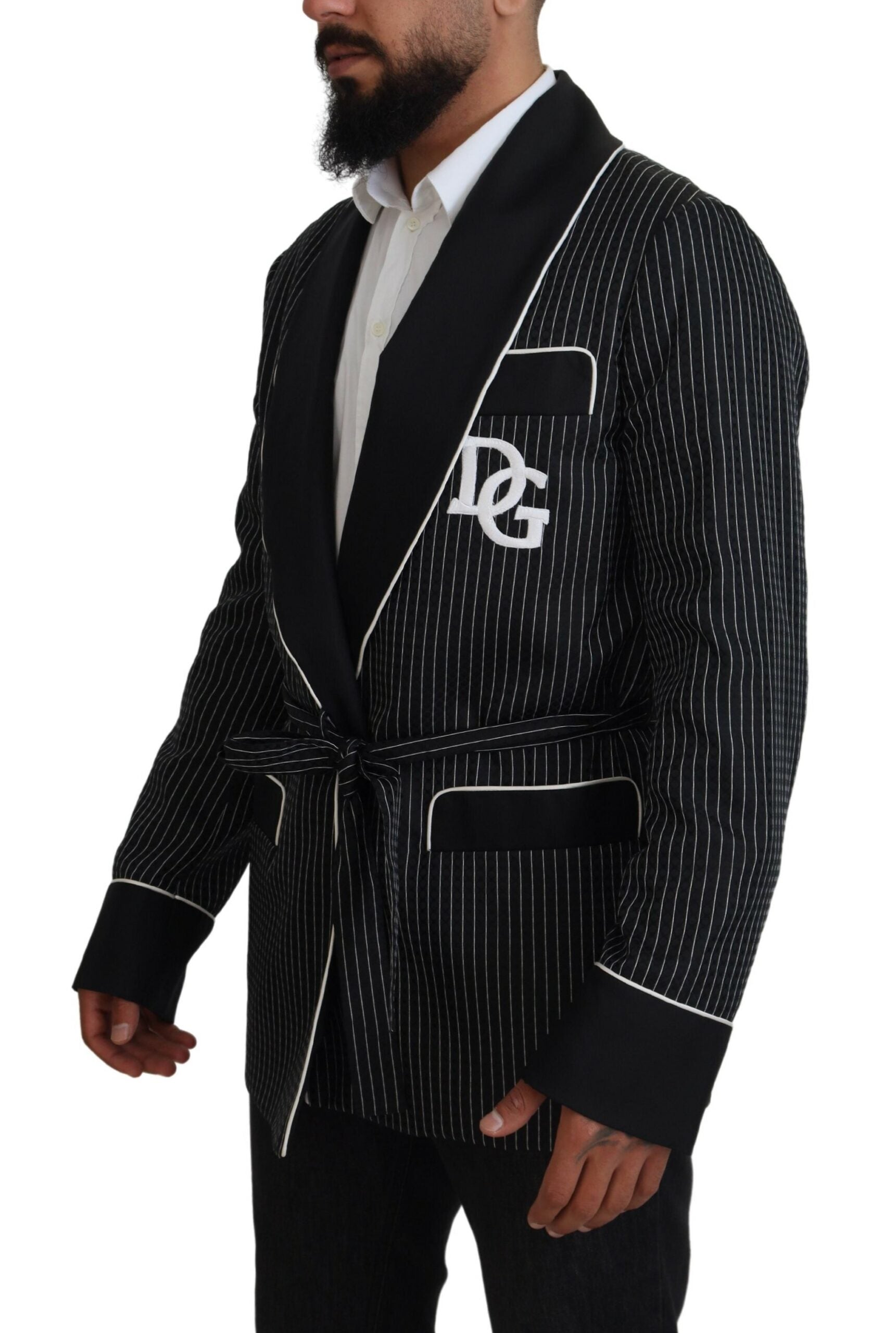 Dolce & Gabbana Black Robe Striped DG Patch Jacket Men Blazer Dolce & Gabbana