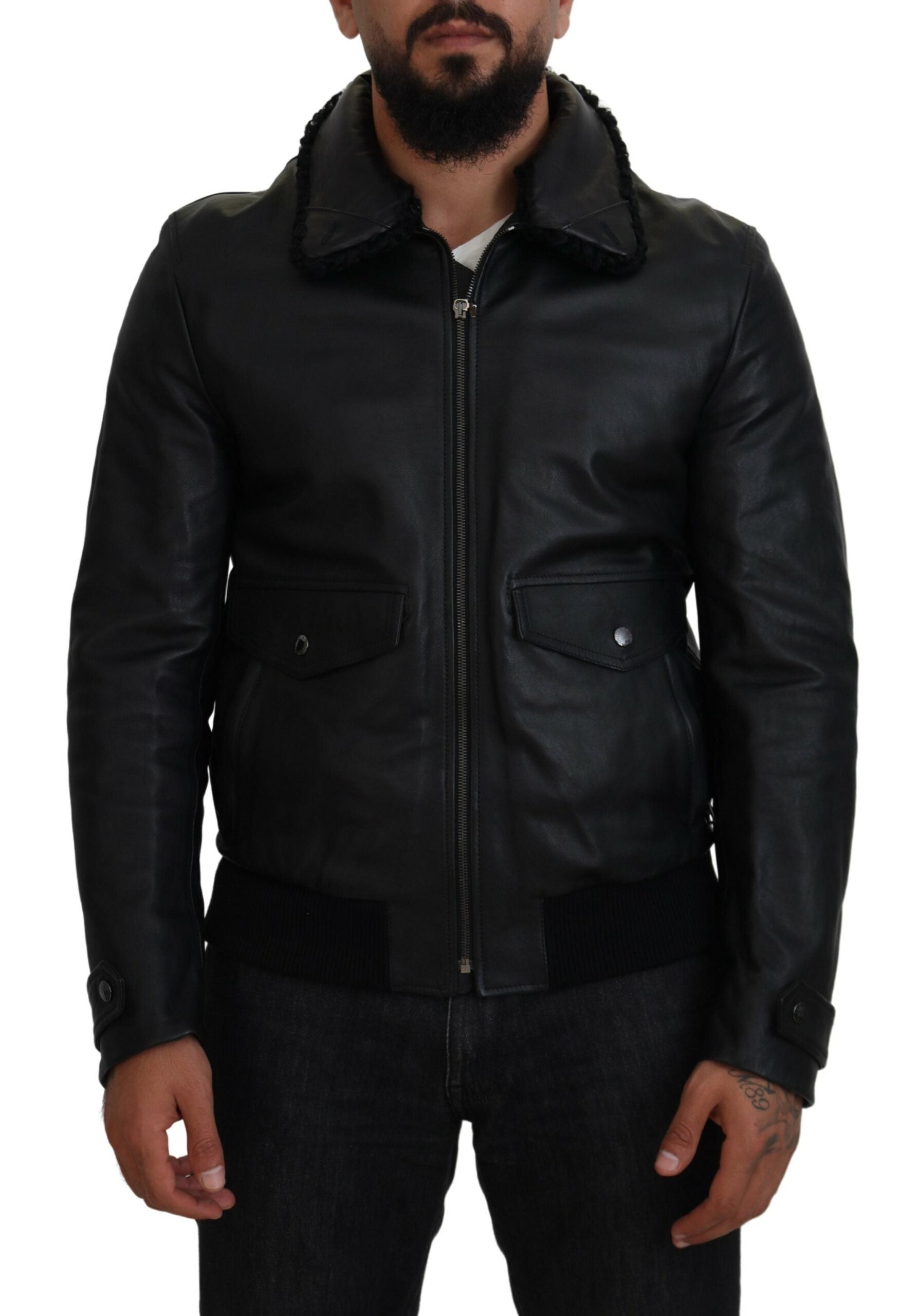 Dolce & Gabbana Black Lamb Leather Collared Men Coat Jacket Dolce & Gabbana