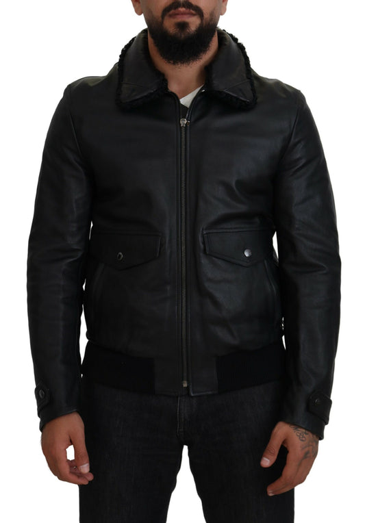 Dolce & Gabbana Black Lamb Leather Collared Men Coat Jacket Dolce & Gabbana