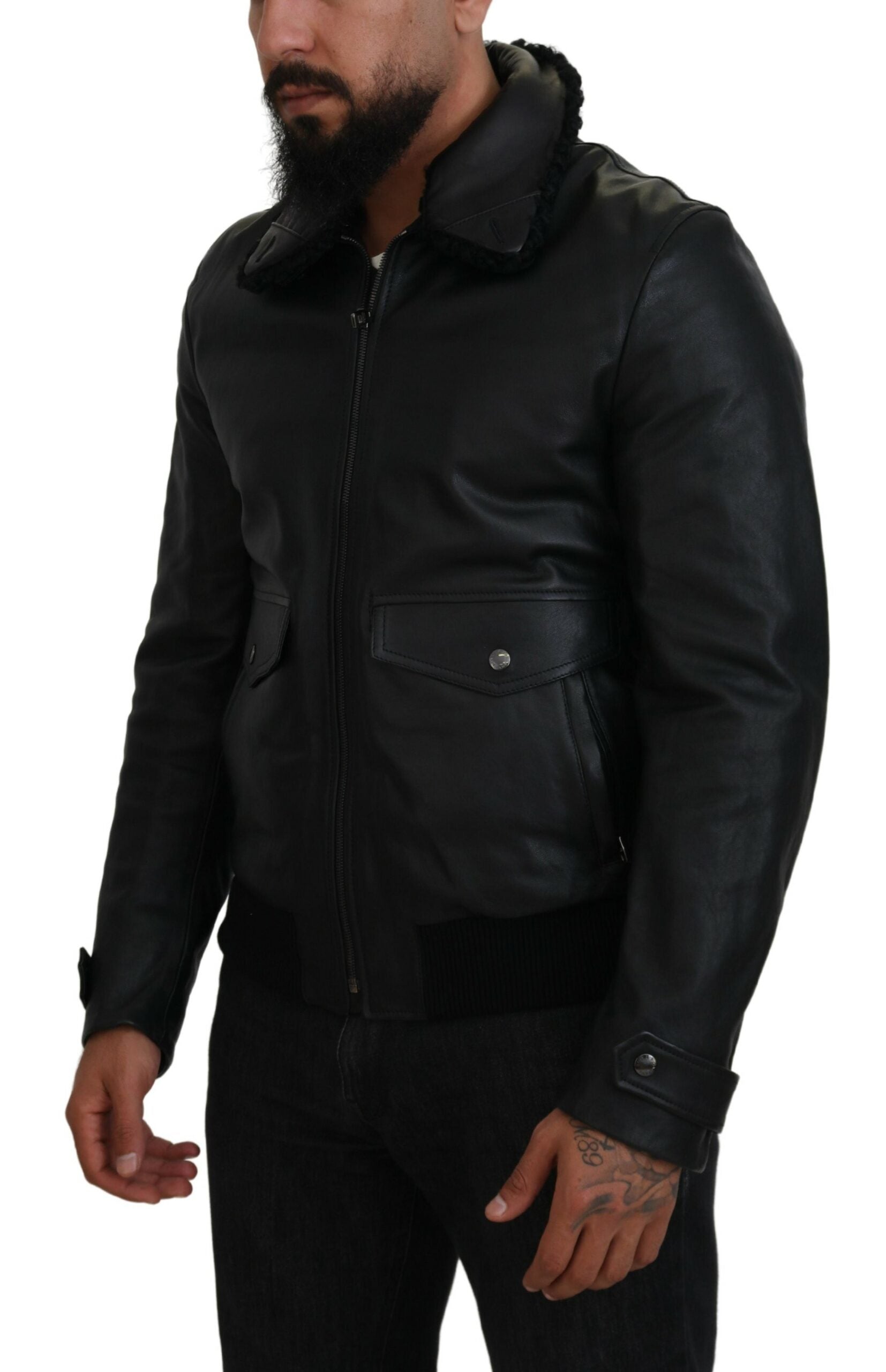 Dolce & Gabbana Black Lamb Leather Collared Men Coat Jacket Dolce & Gabbana