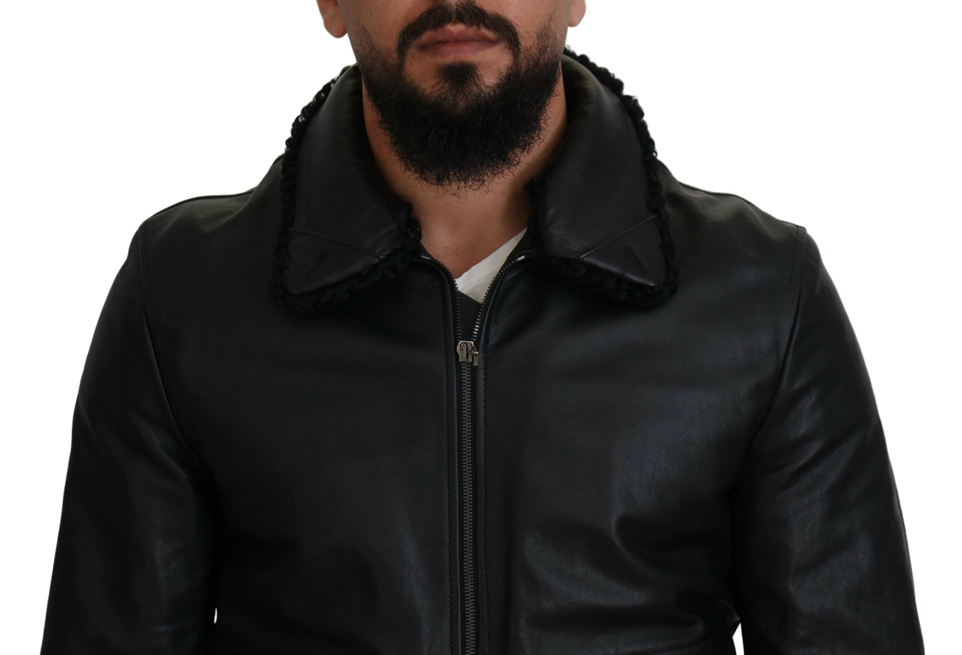 Dolce & Gabbana Black Lamb Leather Collared Men Coat Jacket Dolce & Gabbana