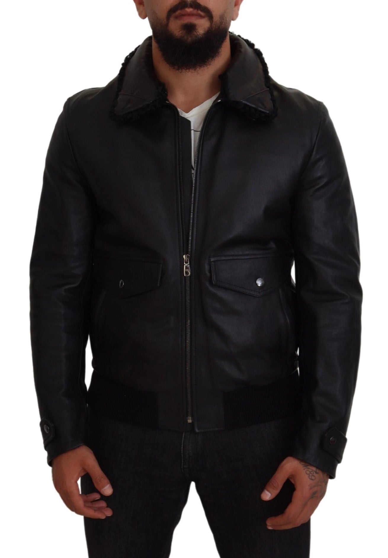 Dolce & Gabbana Black Lamb Leather Collared Men Coat Jacket Dolce & Gabbana