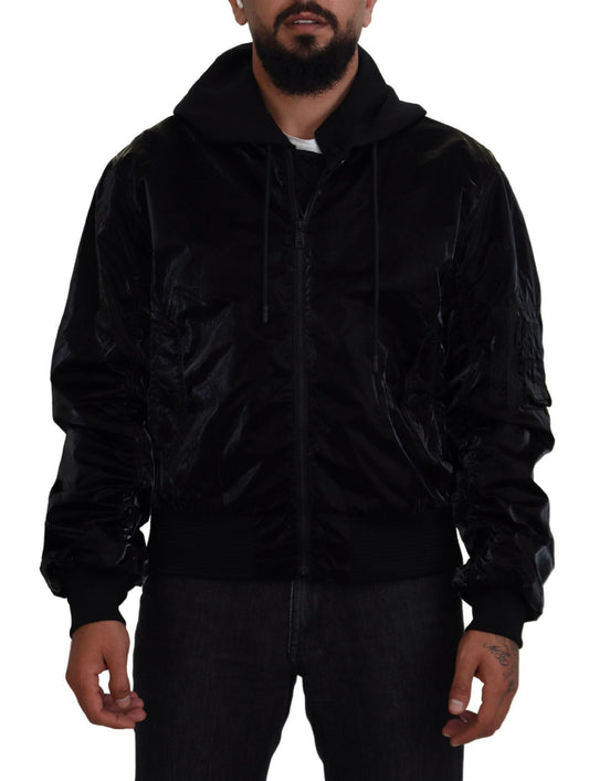 Dolce & Gabbana Black Nylon Hooded Full Zip Bomber Jacket Dolce & Gabbana