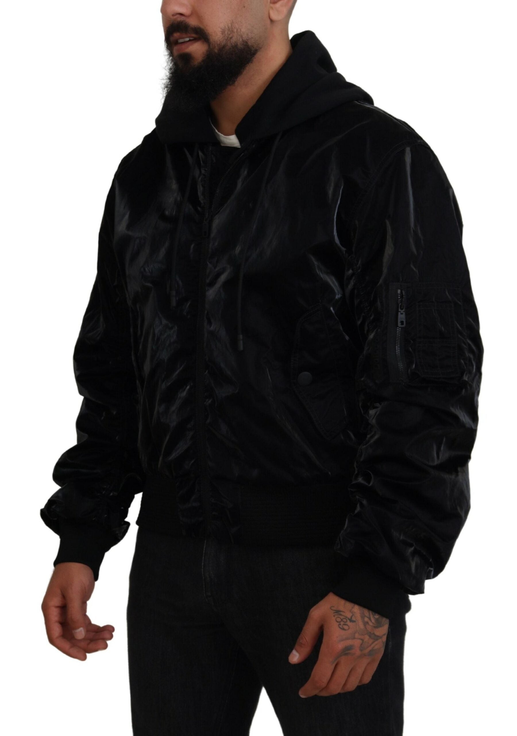 Dolce & Gabbana Black Nylon Hooded Full Zip Bomber Jacket Dolce & Gabbana