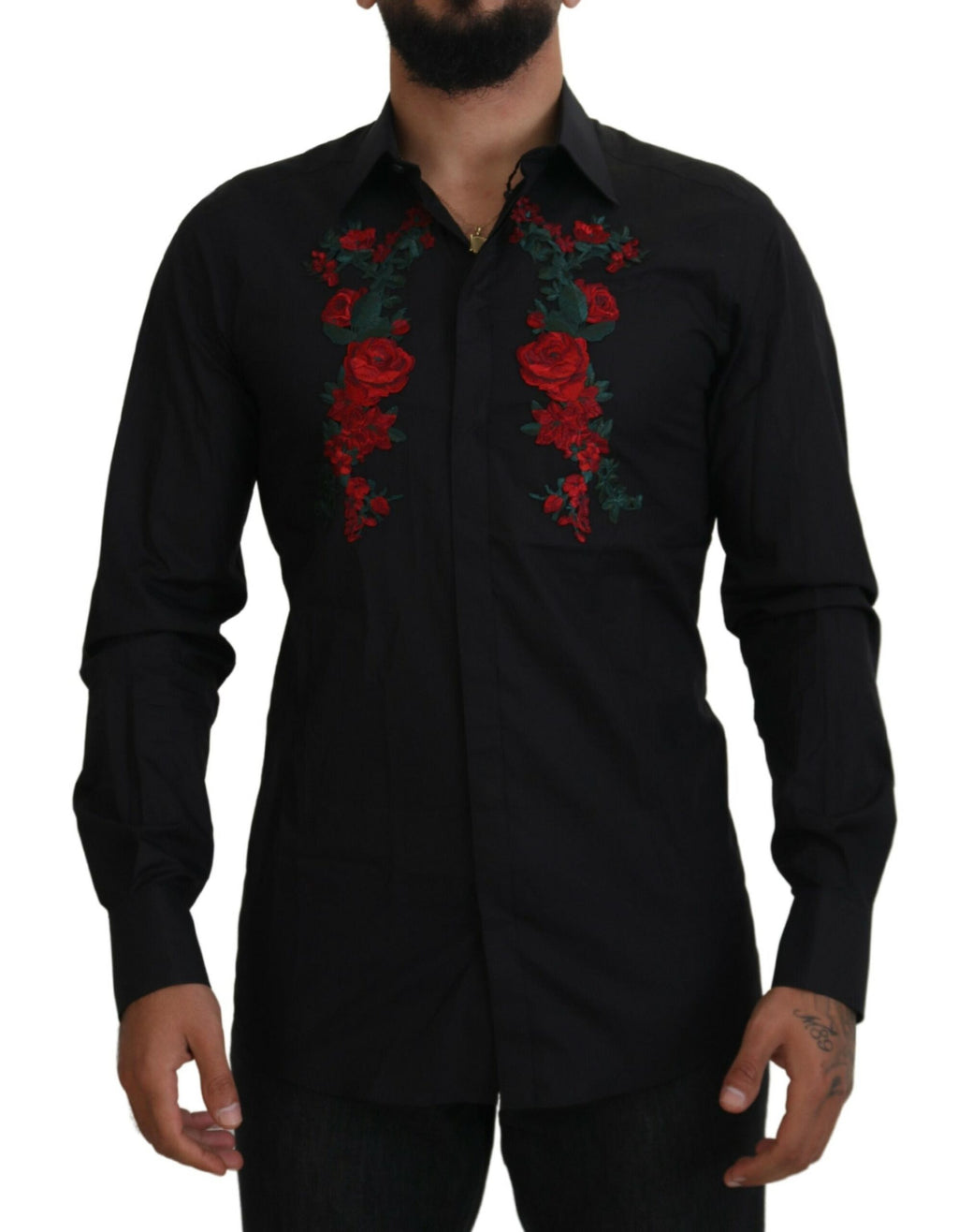Dolce & Gabbana black long sleeve shirt with gold floral embroidery for men, stylish and elegant design.