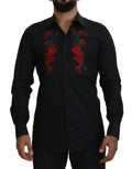 Dolce & Gabbana black long sleeve shirt with gold floral embroidery for men, stylish and elegant design.