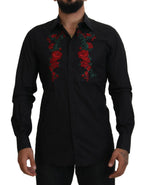 Dolce & Gabbana black long sleeve shirt with gold floral embroidery for men, stylish and elegant design.