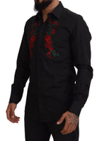 Dolce & Gabbana men's long sleeve shirt with black floral embroidery and gold accents, stylishly designed for elegant wear.