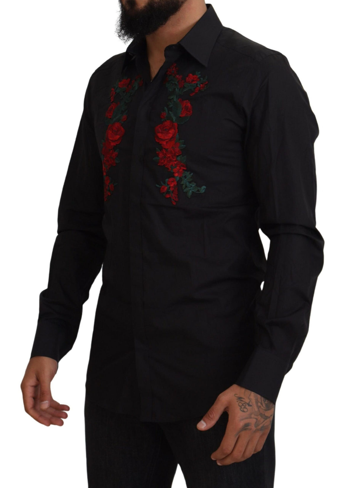 Dolce & Gabbana men's long sleeve shirt with black floral embroidery and gold accents, stylishly designed for elegant wear.