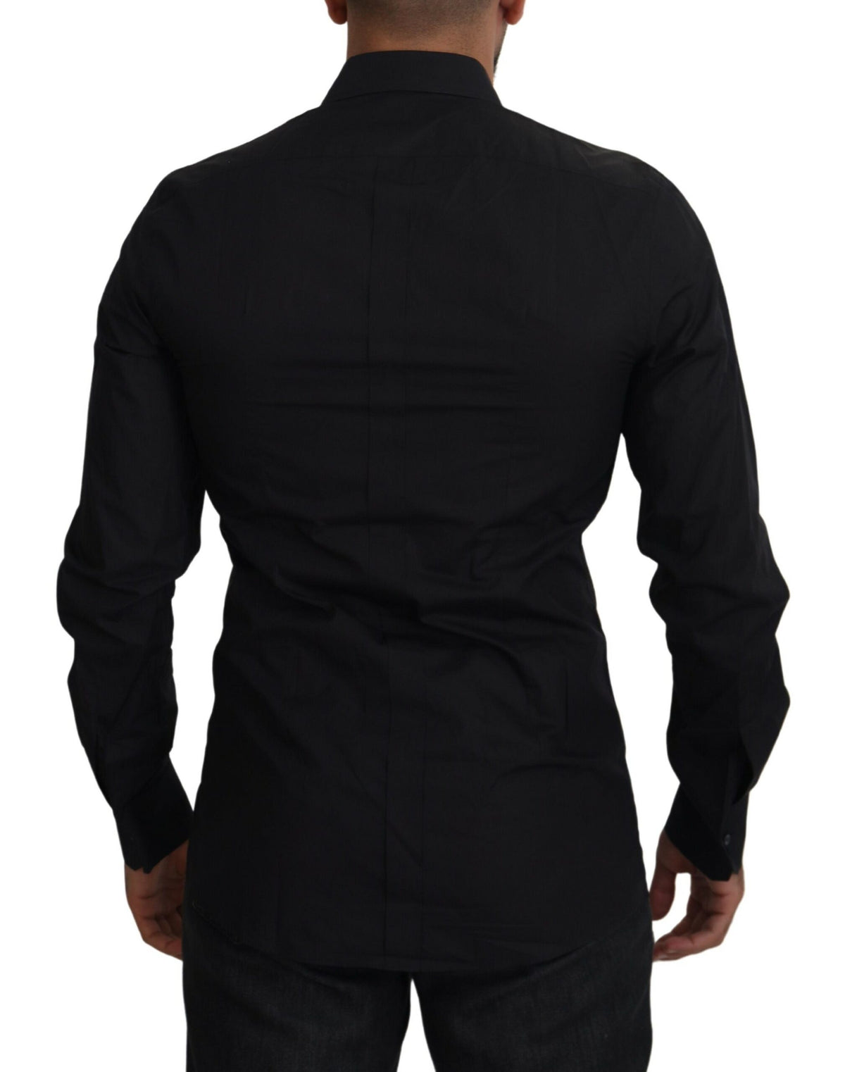 Dolce & Gabbana men's long sleeve shirt with black floral embroidery and gold accents, stylish and elegant design.