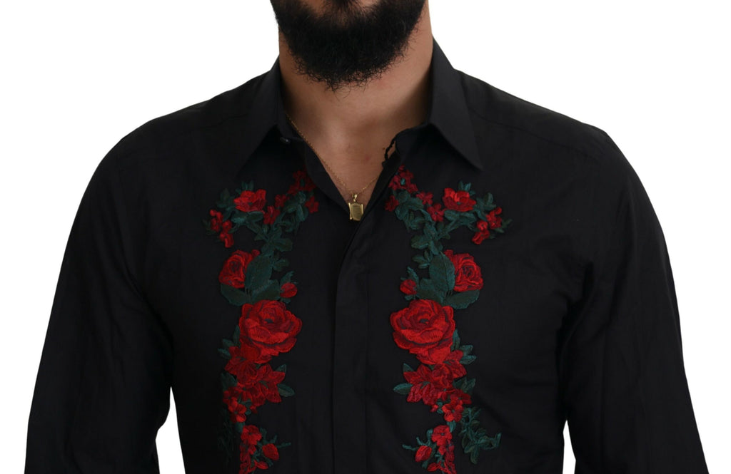 Dolce & Gabbana black long sleeve shirt with gold floral embroidery for men, stylish and elegant fashion piece.