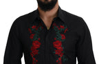 Dolce & Gabbana black long sleeve shirt with gold floral embroidery for men, stylish and elegant fashion piece.