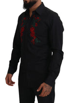 Dolce & Gabbana black long sleeve shirt with gold floral embroidery, stylish men's fashion piece with intricate detailing.