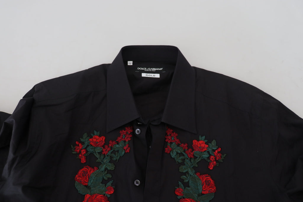 Dolce & Gabbana black long sleeve shirt with gold floral embroidery for men, featuring intricate floral embroidery design.
