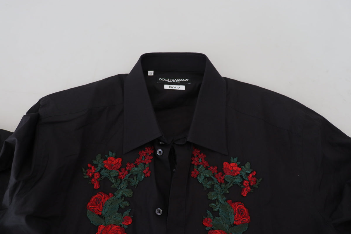 Dolce & Gabbana black long sleeve shirt with gold floral embroidery for men, featuring intricate floral embroidery design.