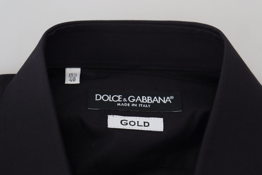 Dolce & Gabbana black long sleeve shirt with gold floral embroidery for men, stylish and elegant fashion piece.